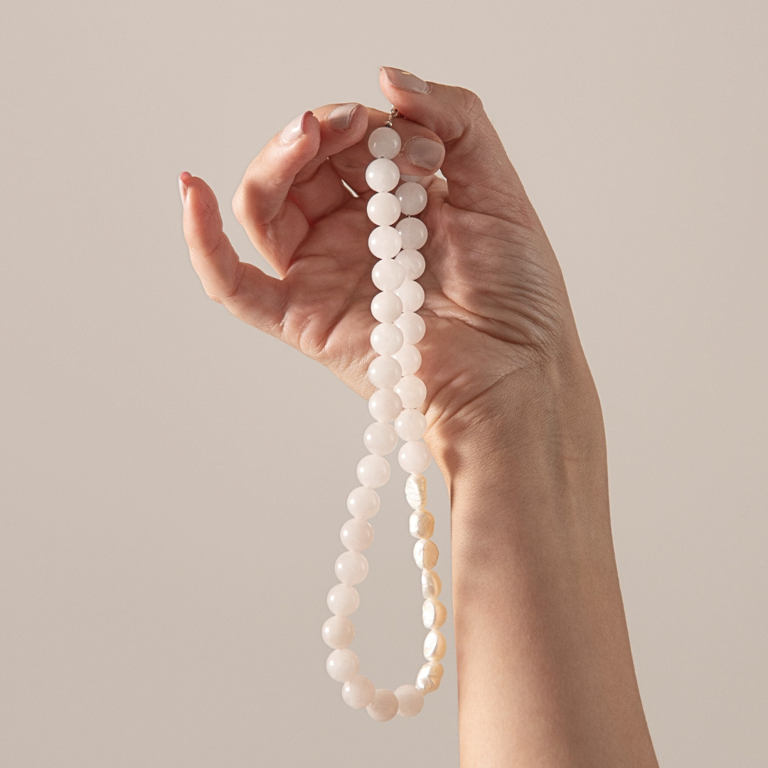 Amelia Necklace in Rose Quartz & Freshwater pearls