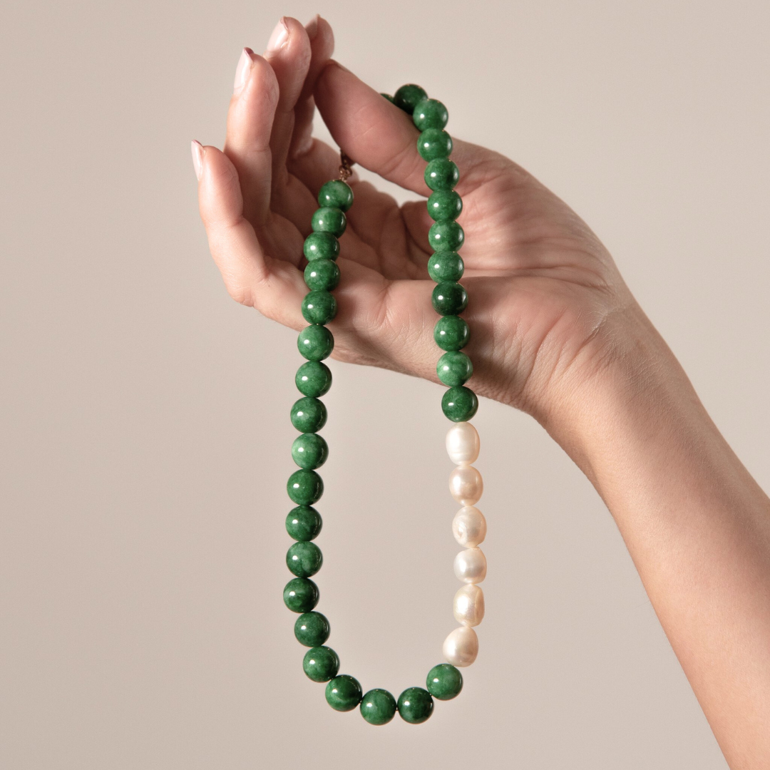 Amelia Necklace in Jade and Freshwater Pearl necklace